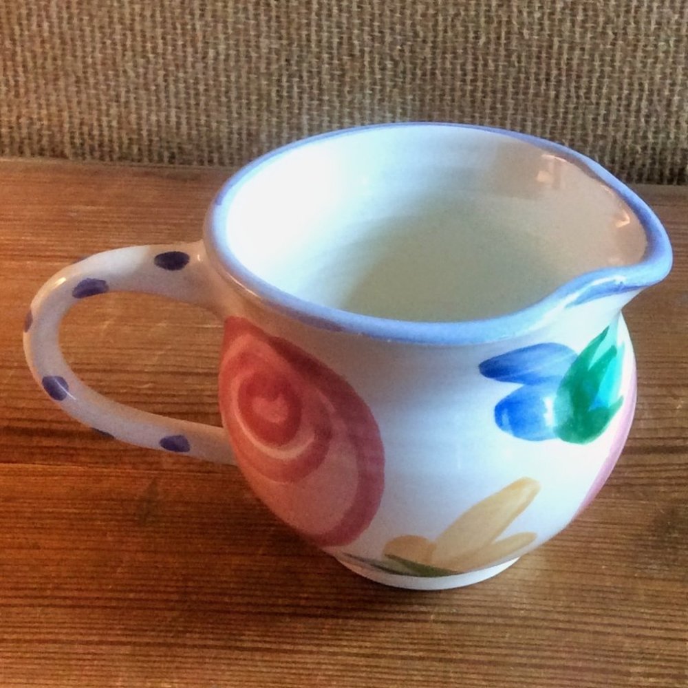 Vtg Hand Painted Pottery Creamer Floral Motif Polka Dot Country Kitchen Decor - Picture 4 of 7